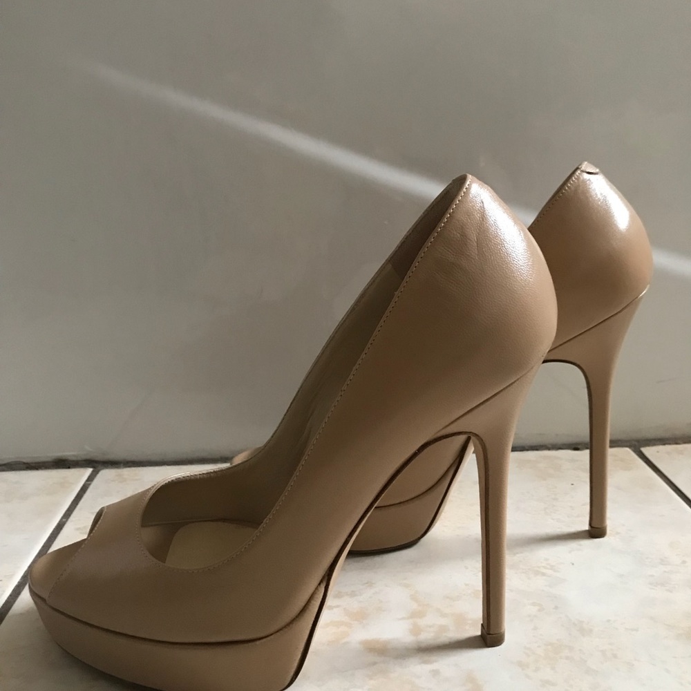 Jimmy Choo Nude Leather Platform Peeptoe Heels 37